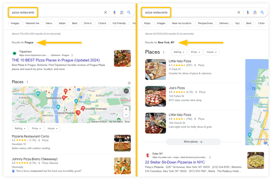 Example of local SERPs for the same keyword via Google Location Changer