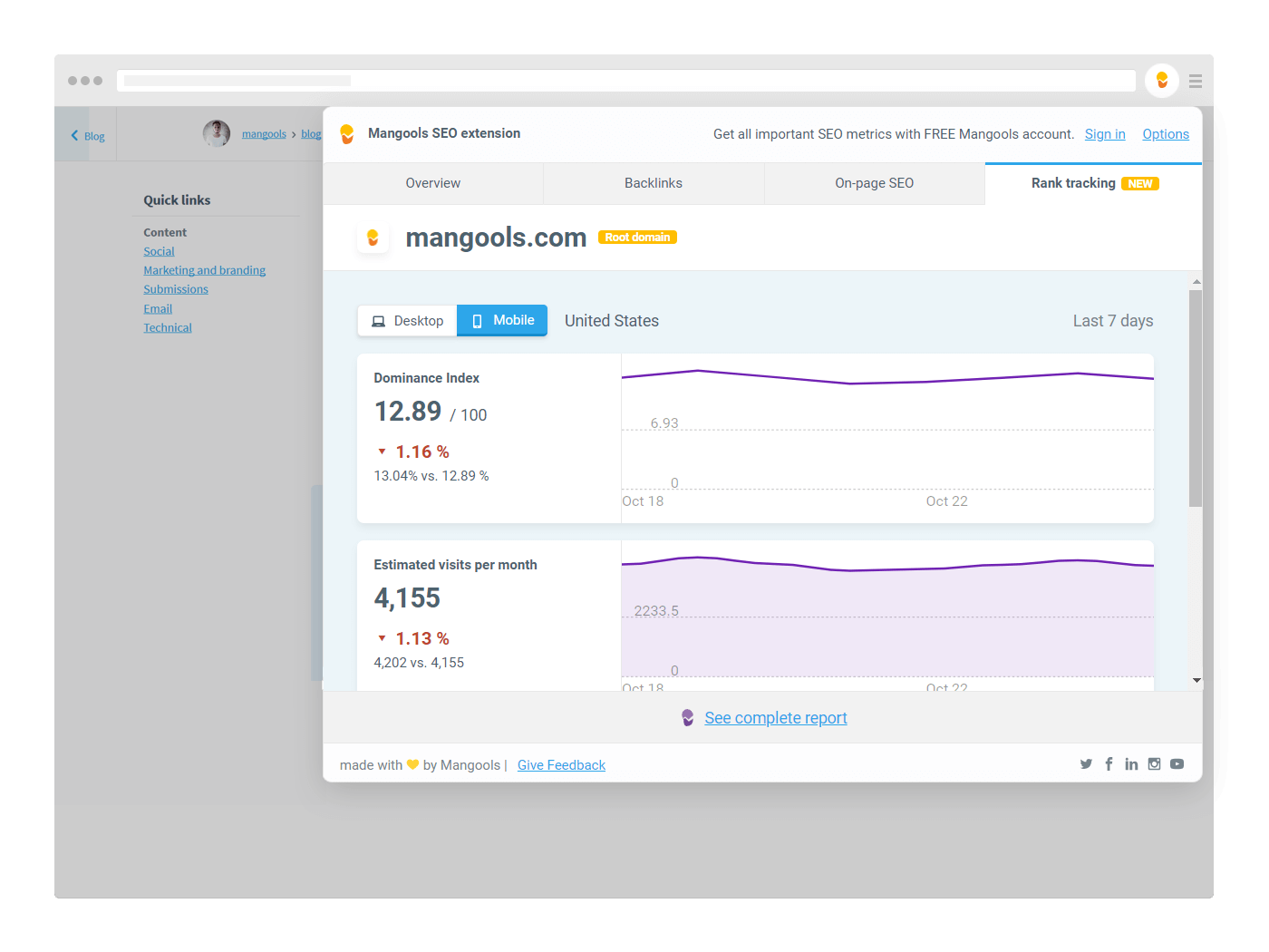 Screenshot of SEO extension by Mangools