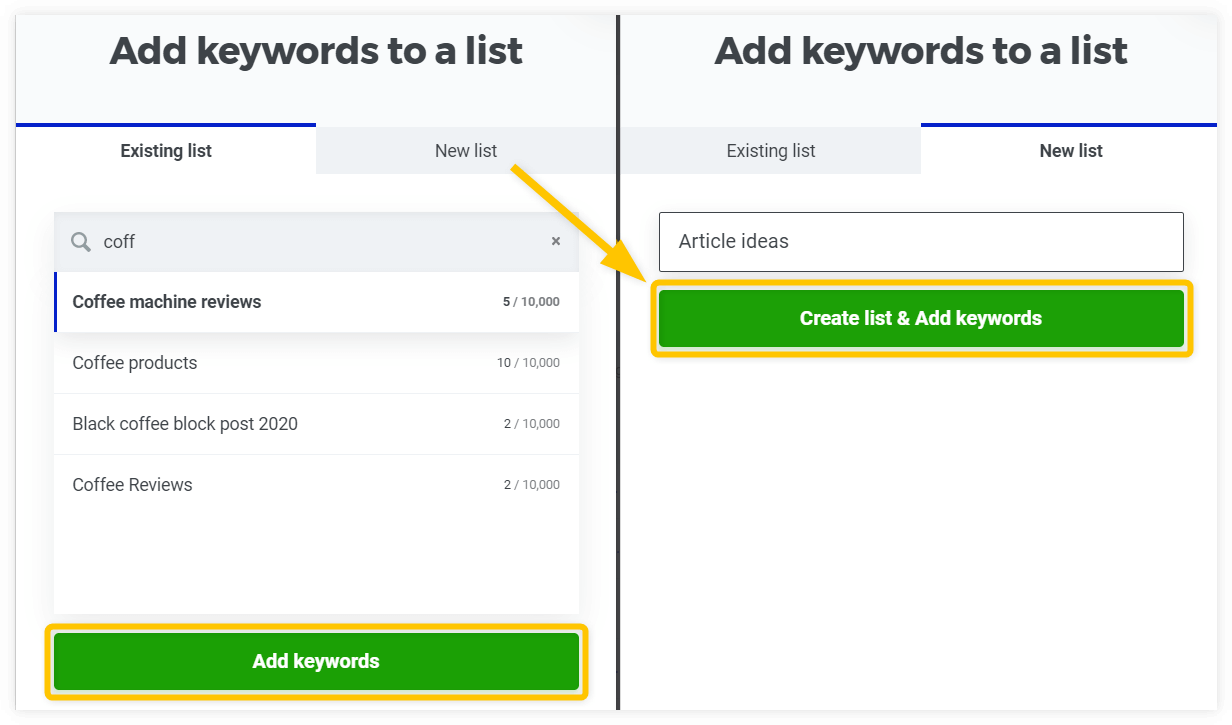 Adding keywords to lists in KWFinder