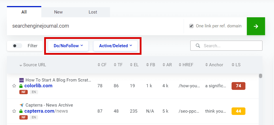 LinkMIner dofollow nofollow active filter