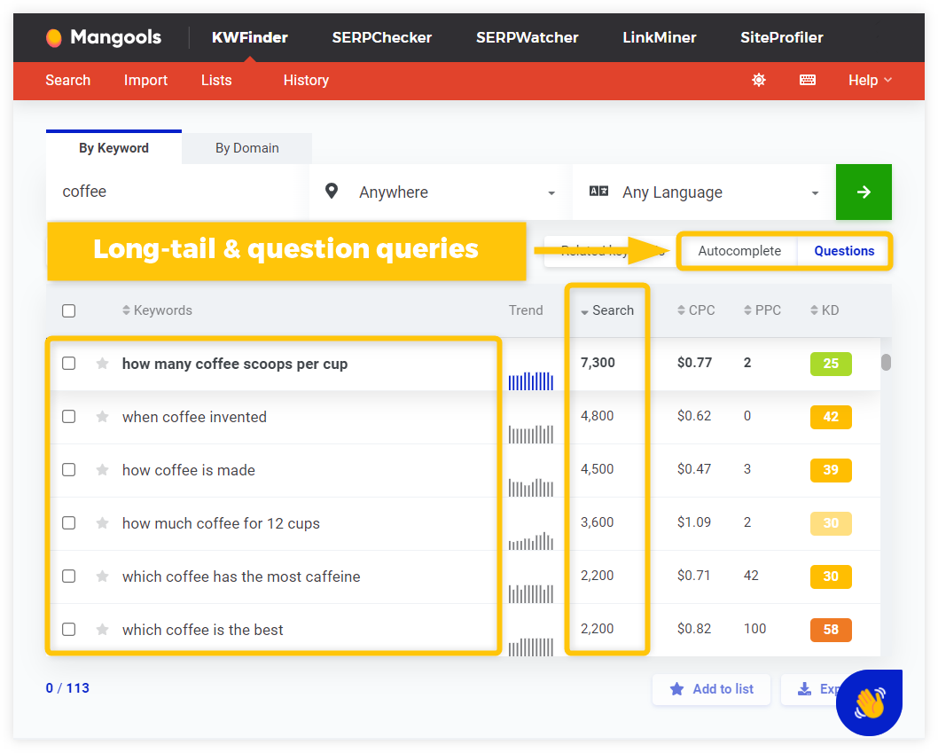 KWFinder - long-tail and question queries example