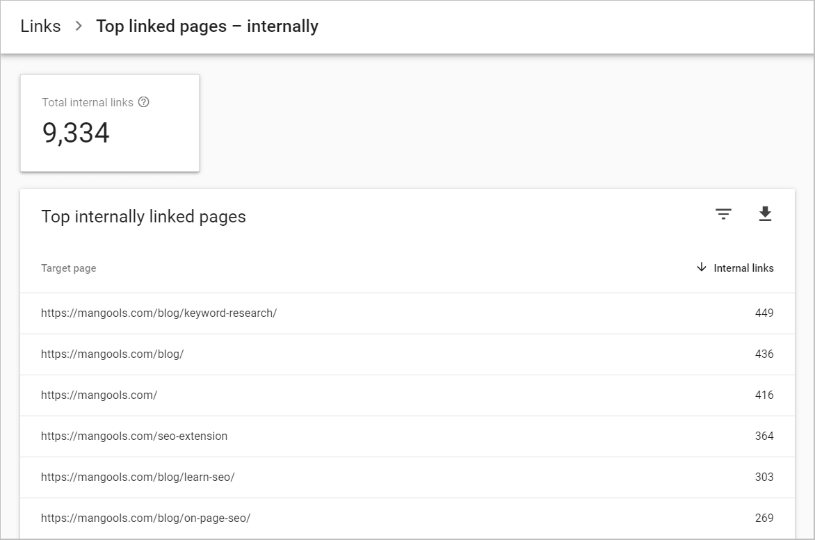 Google Search Console internal links report