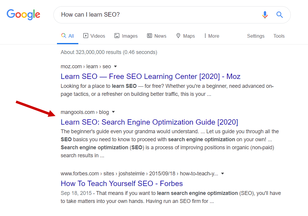 Résultats du SERP pour "how can i learn seo"