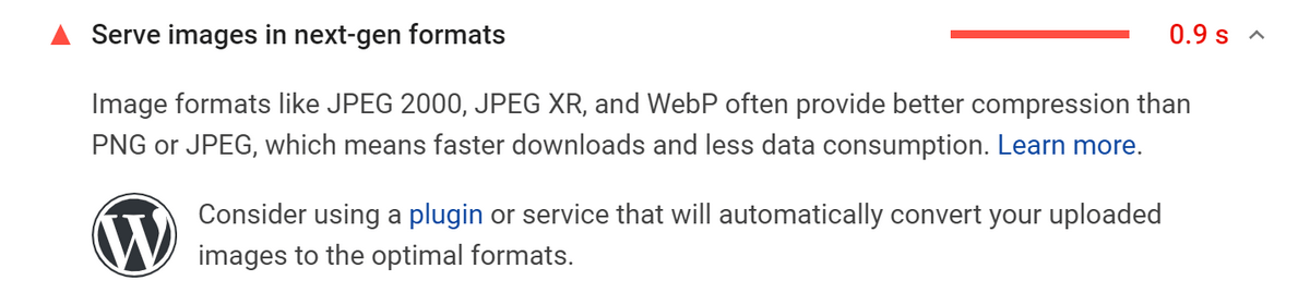 Recommandation Google PageSpeed ​​Insights sur les formats de fichiers image de nouvelle génération