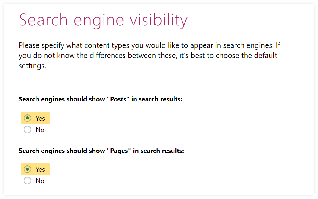 yoast search engine visibility setting