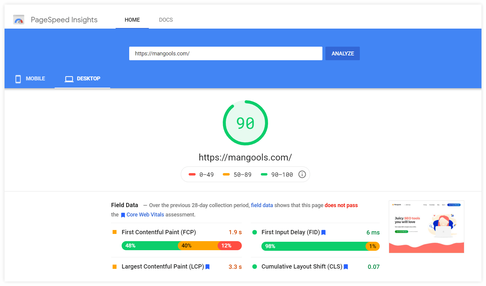 aperçu des informations sur la vitesse de la page