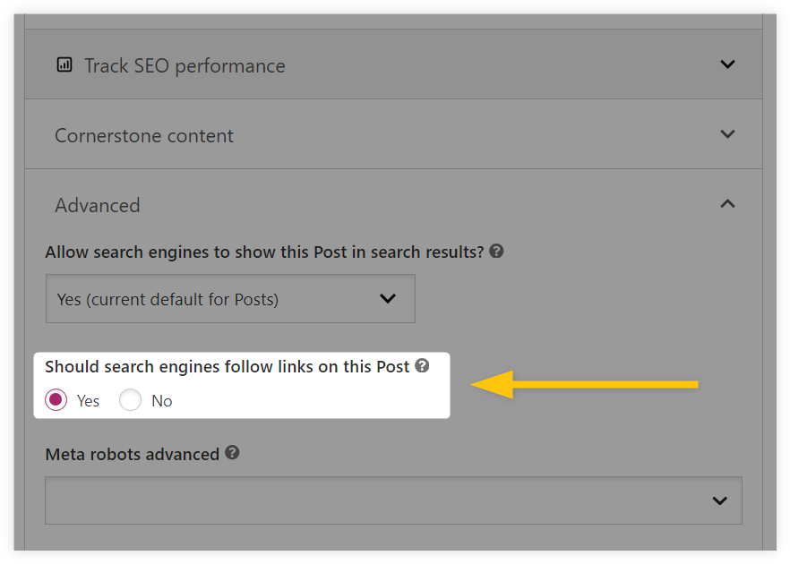 Nofollow all links on the page via Yoast SEO - example