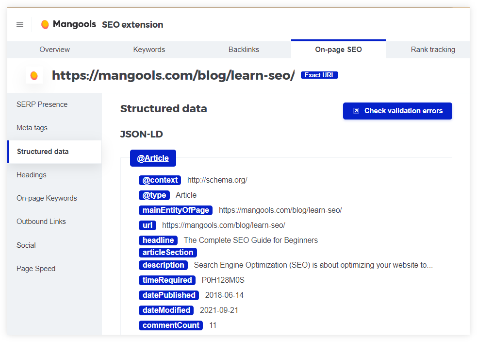 mangools seo extension on-page seo tab structured data
