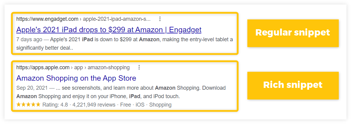 rich snippet vs. regular snippet example