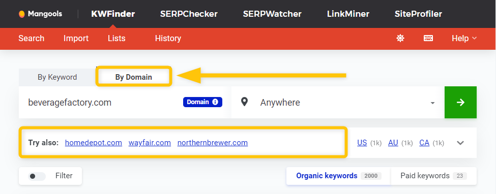 KWFinder Search By Domain Feature - example