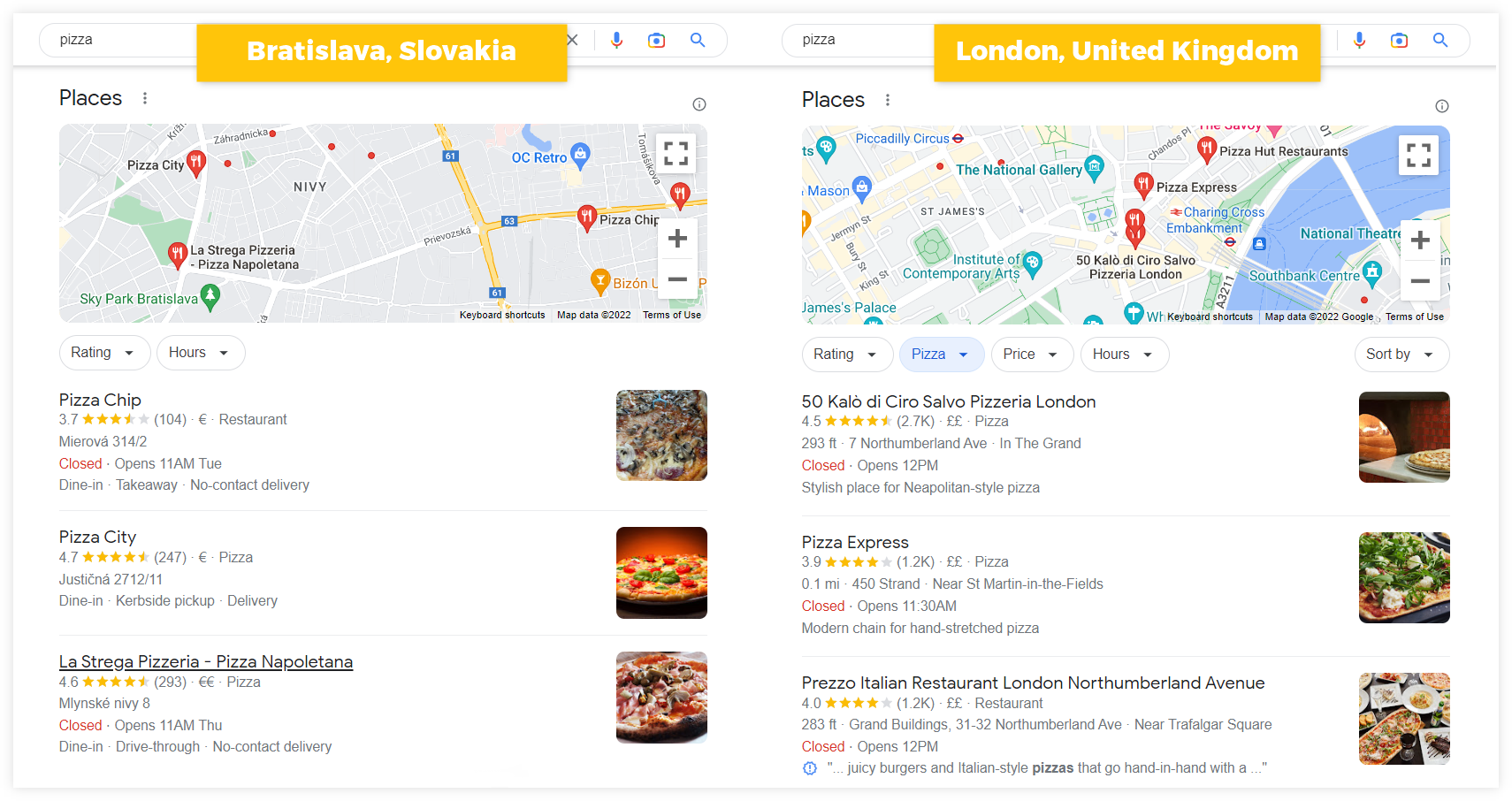 2 SERPs with manually changed locations on the browser - example