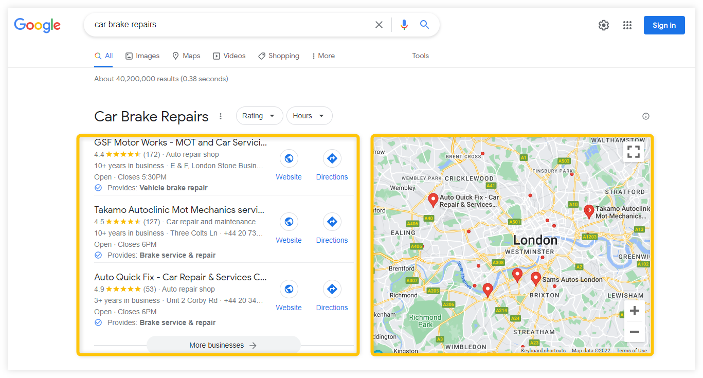 Example of SERP with map pack and local businesses