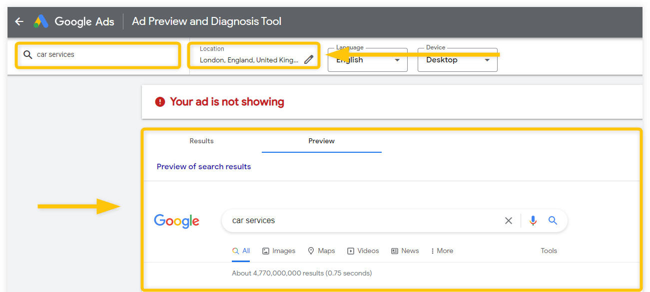 Google Ads SERP preview - example of local SERP