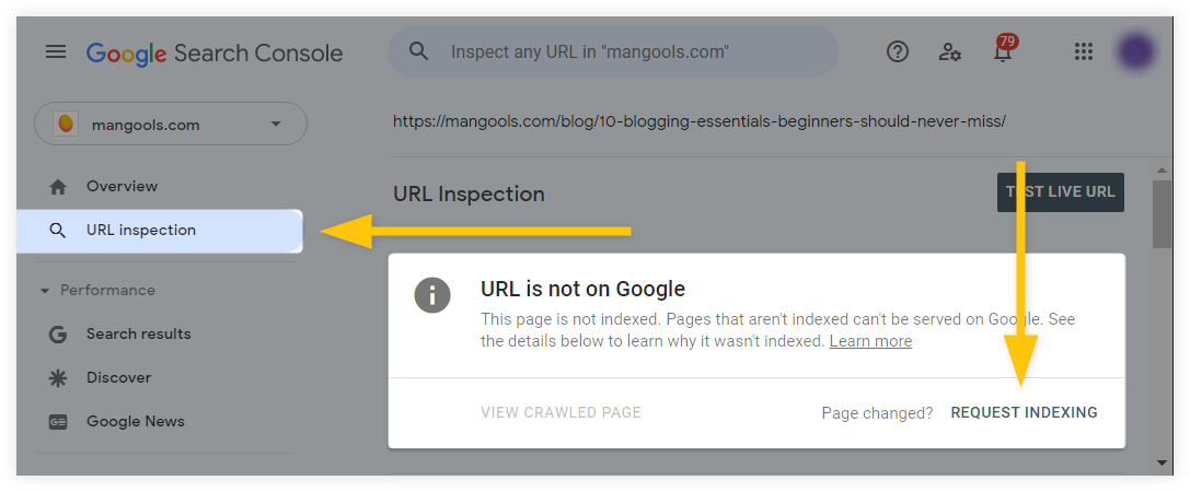 Request indexing in GSC - example