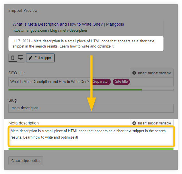 Editing HTML meta description tag in Yoast SEO plugin - example