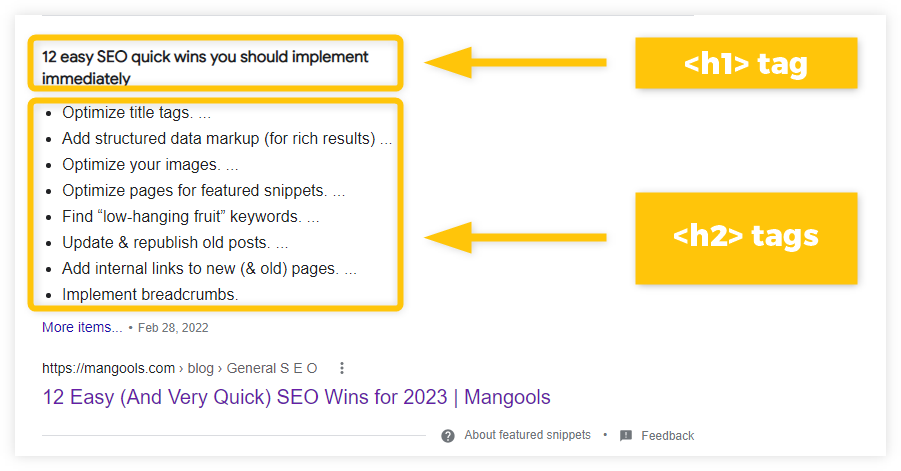 heading tags as a featured snippet - example