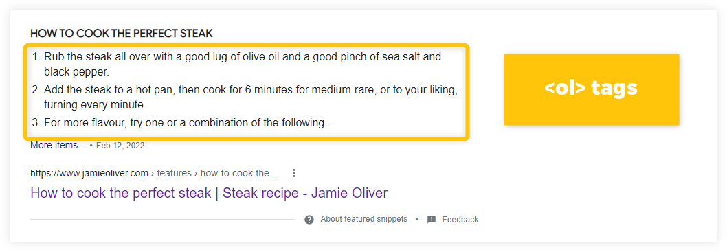 ordered listicle in the form of a featured snippet