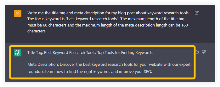 AI tool generating Title tag and meta description for my blog post - example