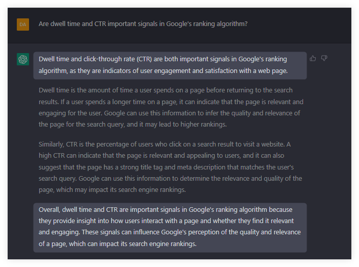 ChatGPT statement on CTR and dwell time as SEO ranking factors
