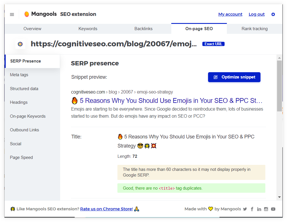 Mangools SEO extension - analysis of emojis on the web page - example