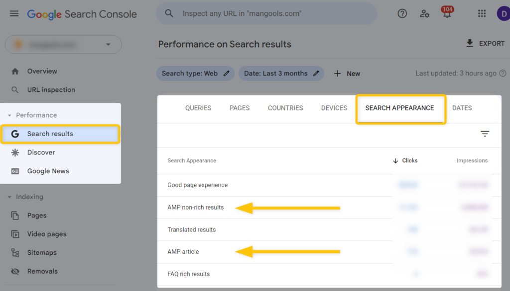 AMP search appearance and performance in Google Search Console - example