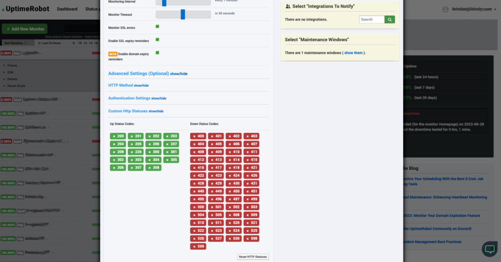 Custom HTTP status codes in UptimeRobot - example