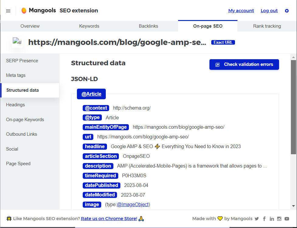 Mangools SEO extension - structured data - example