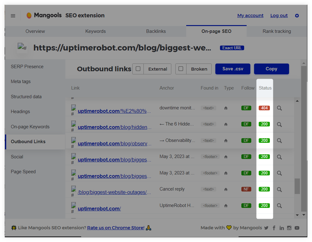 SEO extension - check HTTP status codes of links - example