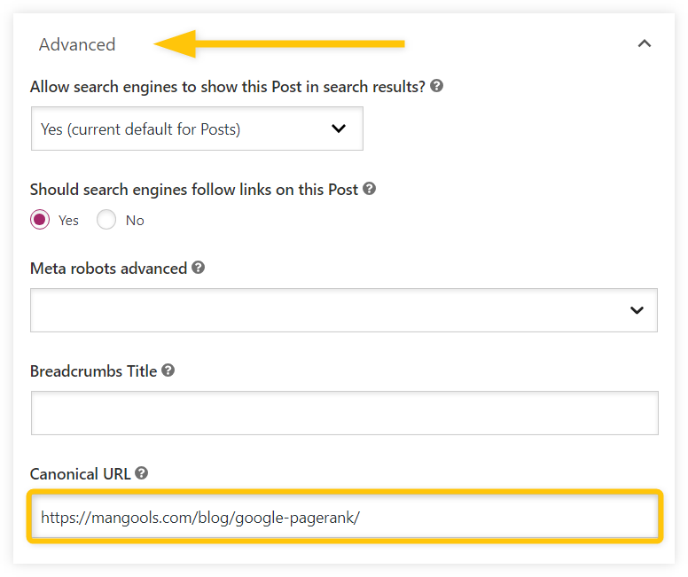 adding canonical tag to a page via Yoast SEO plugin - example