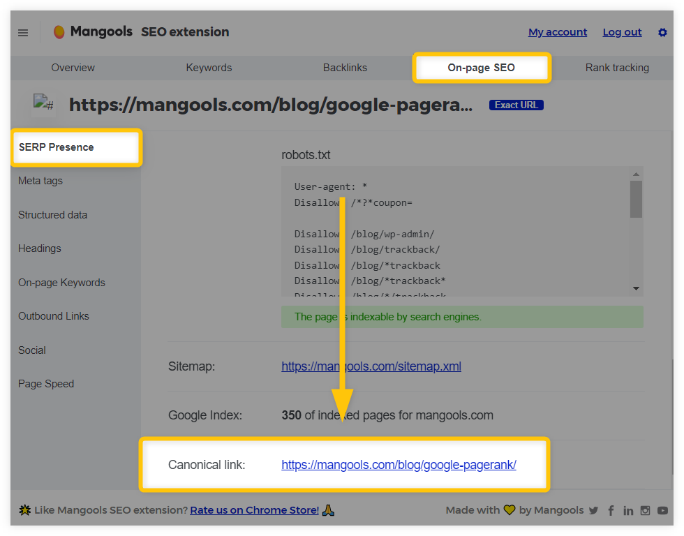 checking canonical tag in Mangools SEO browser extension - example