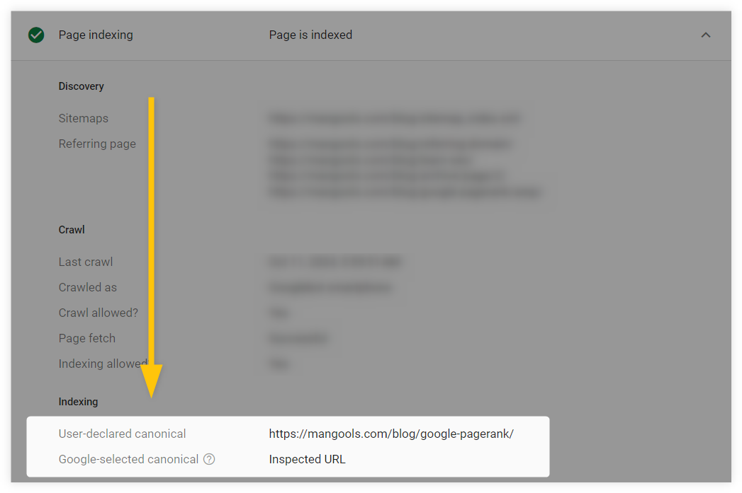 reviewing the canonical tag on the page via Google Search Console Indexing report - example