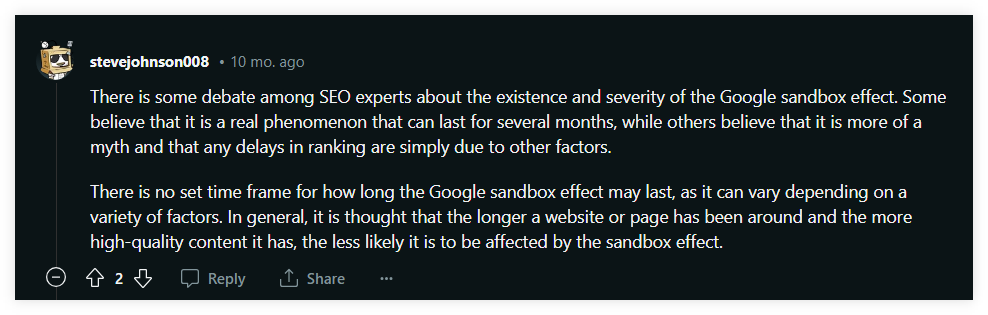 Discussion about Google Sandbox on Reddit