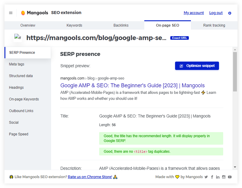 On-page HTML tags in Mangools SEO extension - example