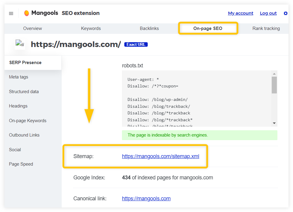 sitemap check in Mangools SEO extension - example