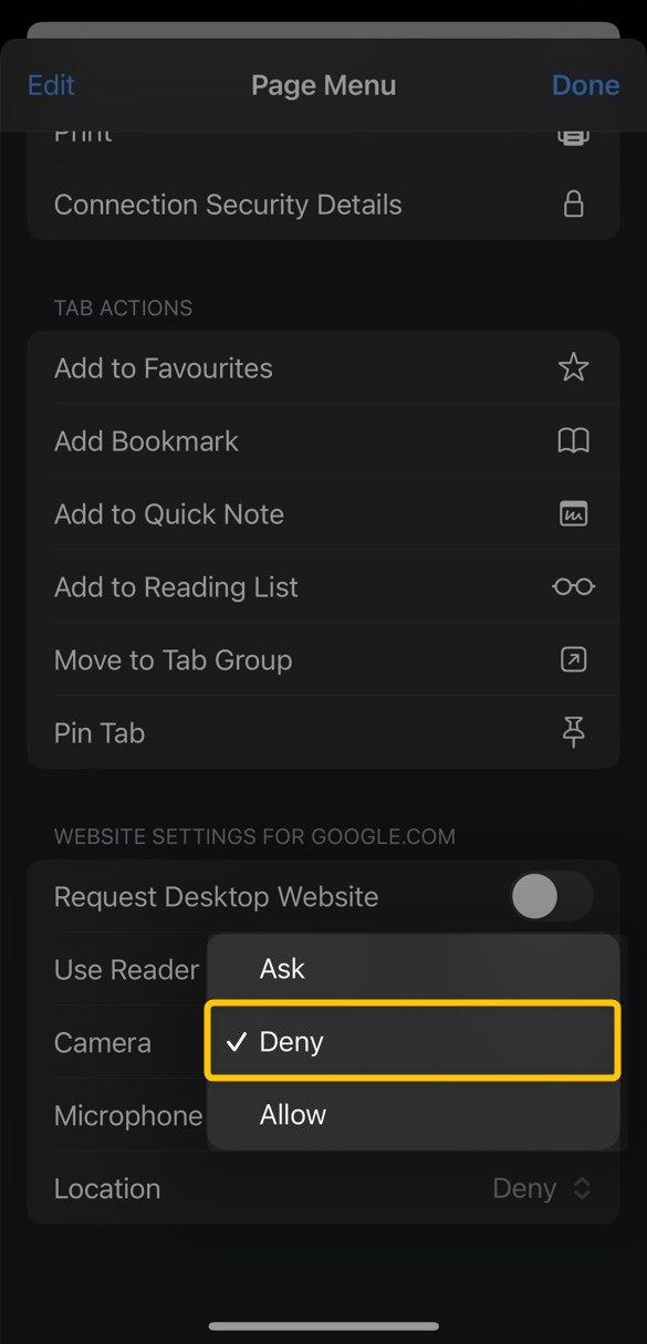 Step 4 - From the menu, select the Deny option