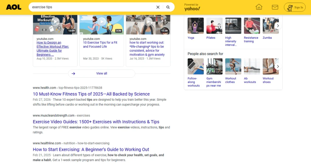 AOL search results for “exercise tips” with videos and related searches