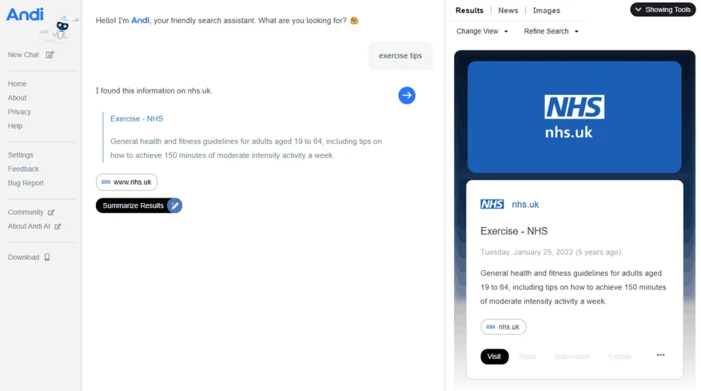 Andi search assistant answering “exercise tips” with a visual result card