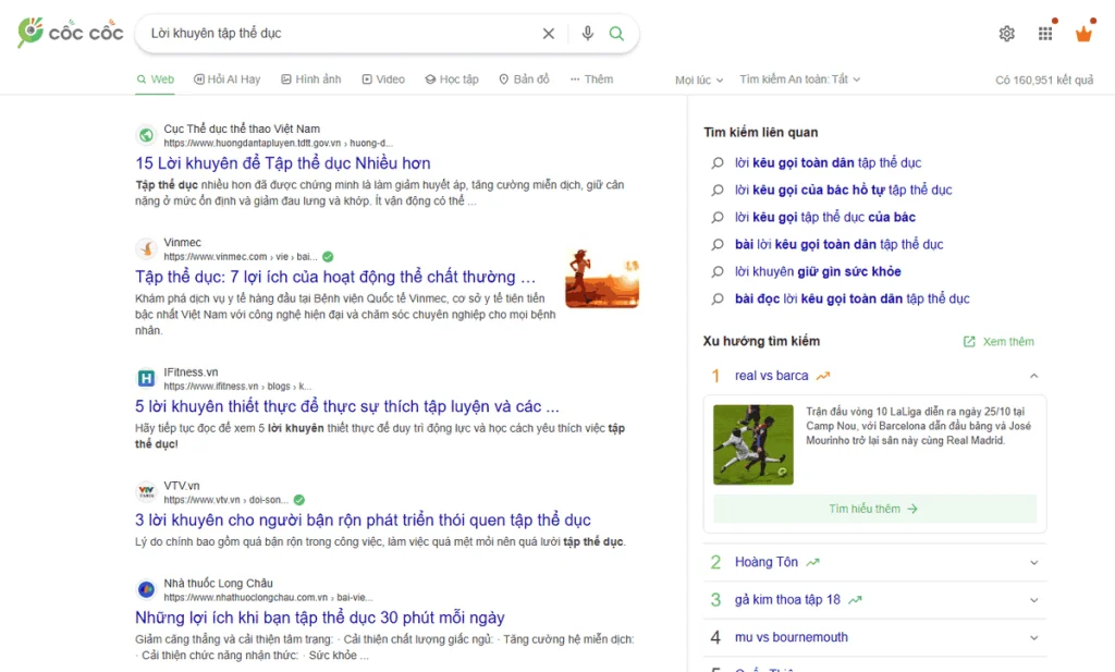 Cốc Cốc search results for “Lời khuyên tập thể dục” (exercise tips) with related and trending searches