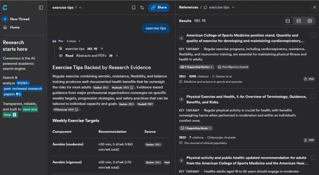 Consensus answer to “exercise tips” based on research papers, with cited studies