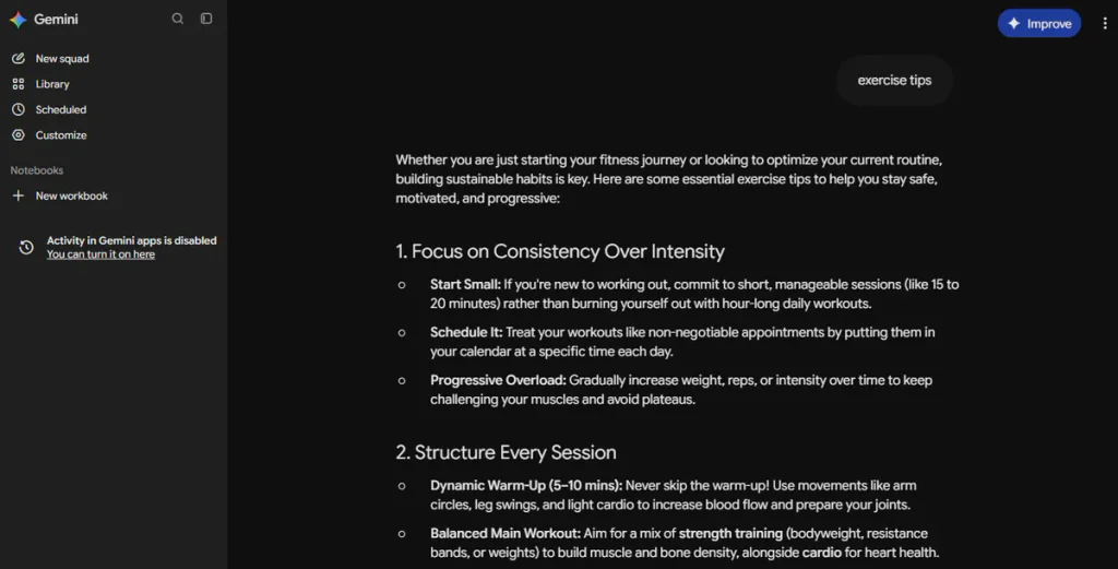 Google Gemini answer to “exercise tips” with structured workout advice