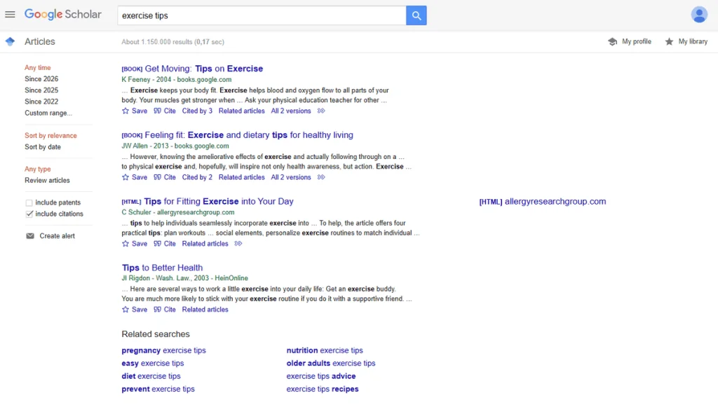 Google Scholar results for “exercise tips” with Cited by and All versions links