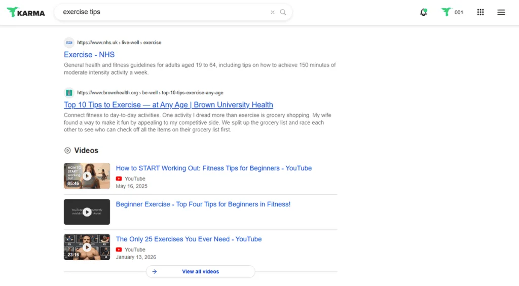 KARMA Search results for “exercise tips” with video results