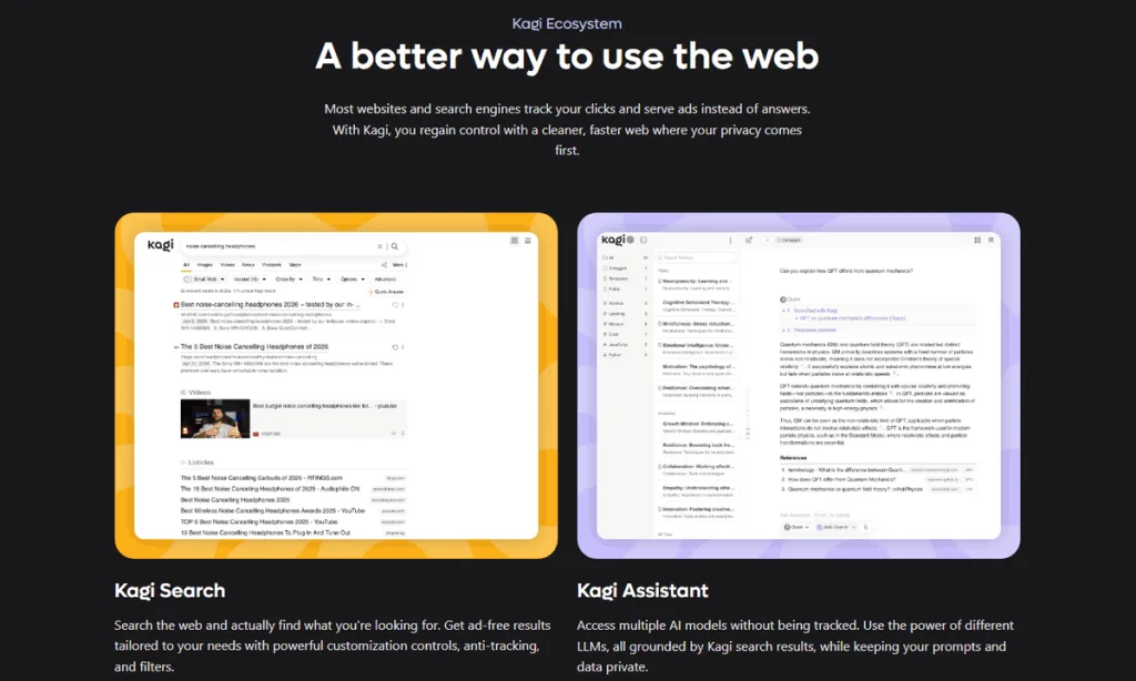 Kagi homepage showing Kagi Search and Kagi Assistant