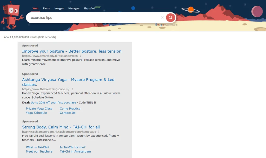 Kiddle search results for “exercise tips” with a kid-friendly design and sponsored results