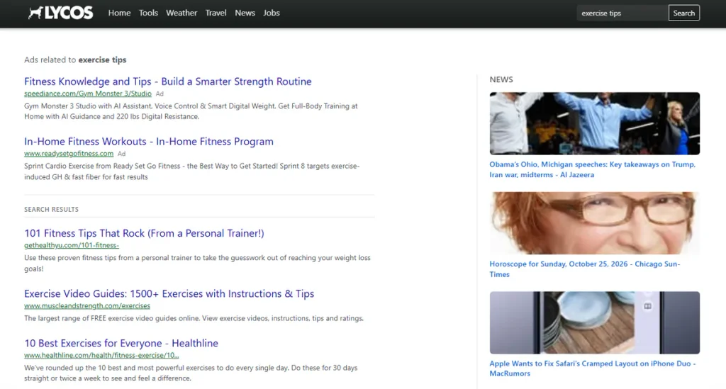 Lycos search results for “exercise tips” with ads, web results and a news sidebar