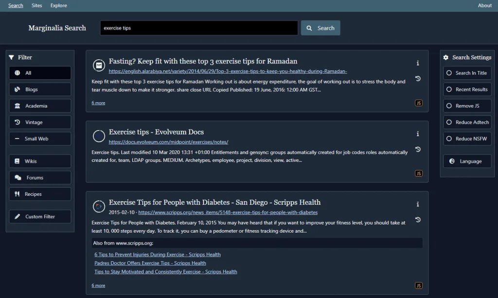 Marginalia Search results for “exercise tips” with filters for blogs, forums and the small web