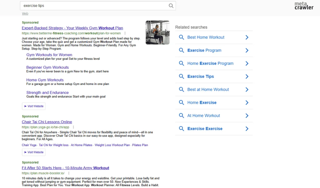 MetaCrawler search results for “exercise tips” with sponsored results and related searches
