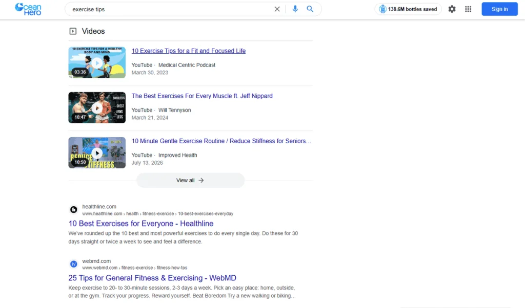 OceanHero search results for “exercise tips” with the plastic bottle counter and video results