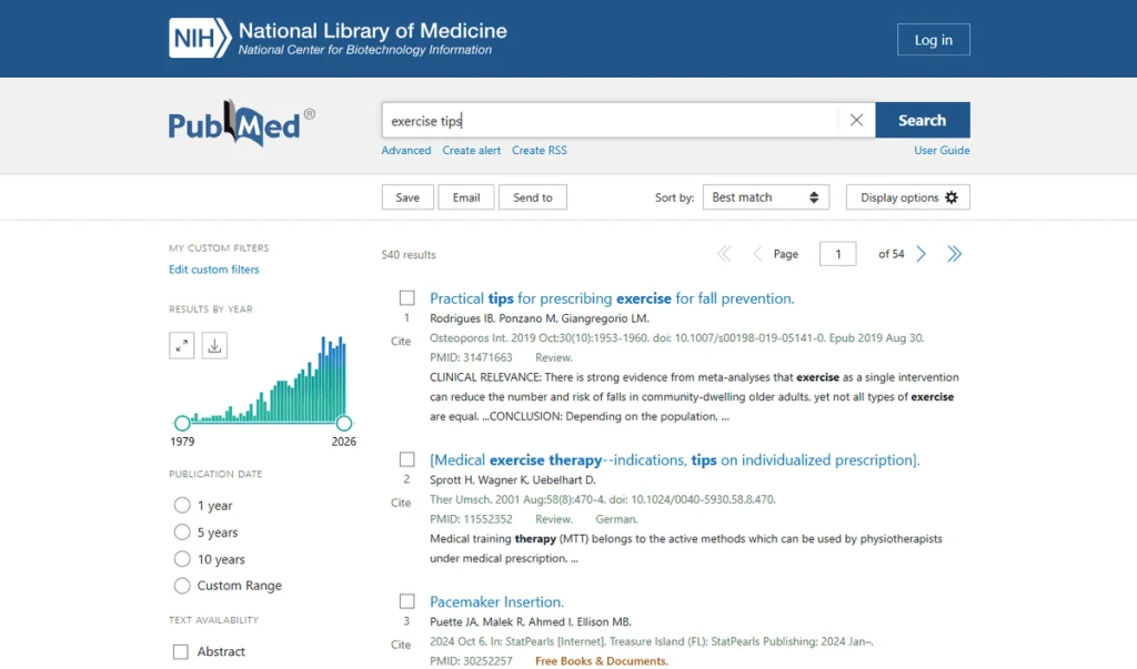 PubMed search results for “exercise tips” with the results-by-year chart and filters