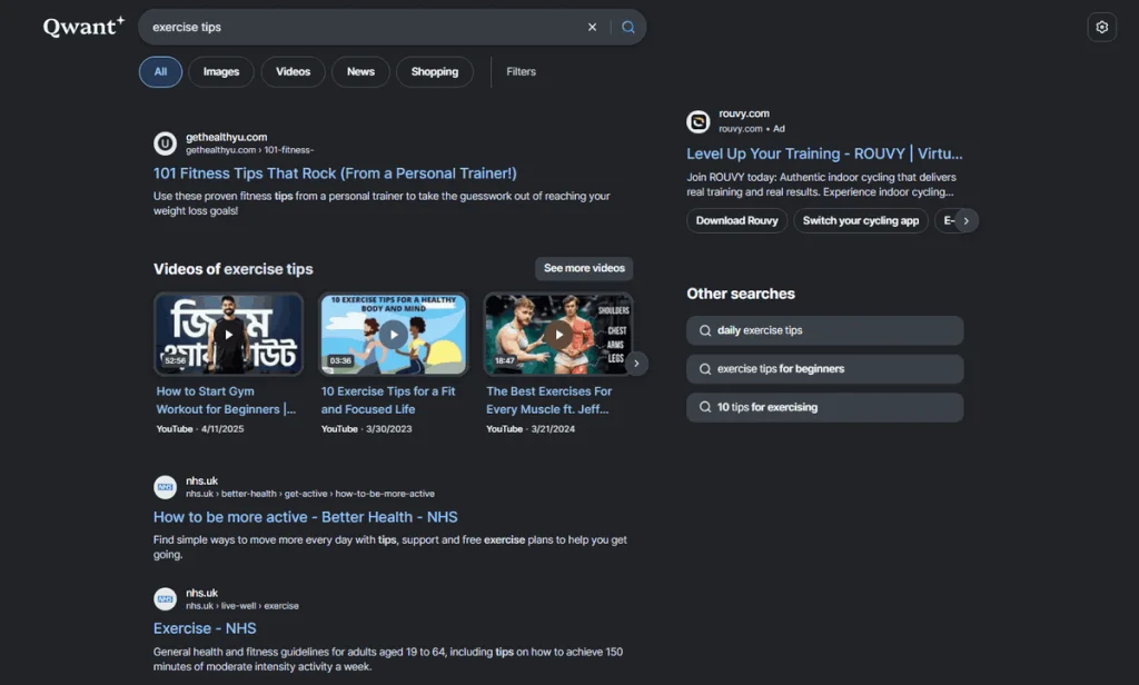 Qwant search results for “exercise tips” with videos and related searches